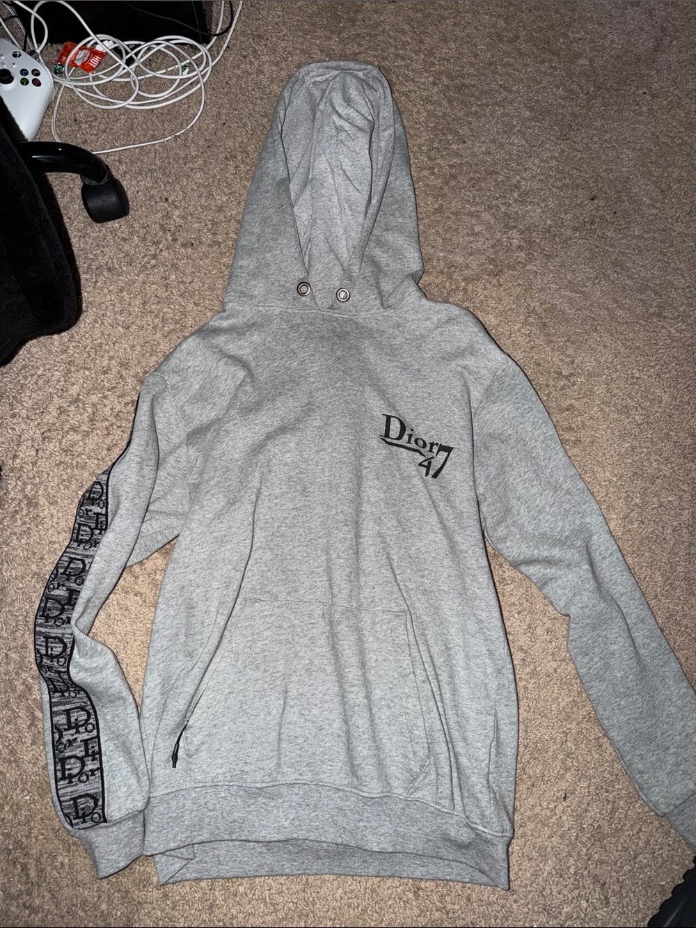 Dior Grey Logo Hoodie with Patterned Sleeve
